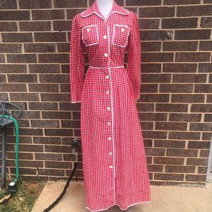 Vintage 1970s Sue Brett Checkered Plaid Picnic Dress Red White XS/S cottagecore